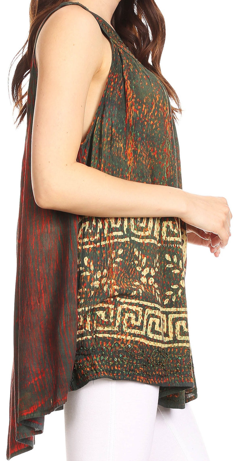 Sakkas Badalea Long Embroidered Sequin Beaded Batik Shirt Printed Tank Top Blouse