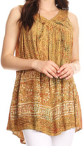 Sakkas Badalea Long Embroidered Sequin Beaded Batik Shirt Printed Tank Top Blouse#color_Mustard