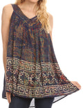 Sakkas Badalea Long Embroidered Sequin Beaded Batik Shirt Printed Tank Top Blouse#color_Navy