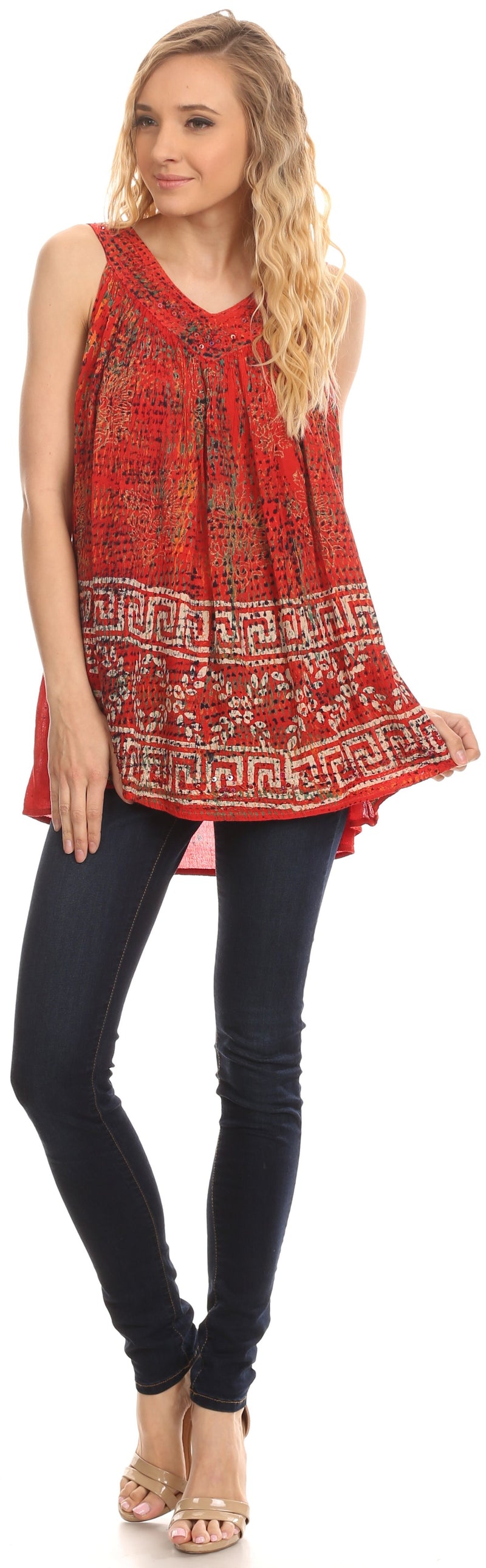 Sakkas Badalea Long Embroidered Sequin Beaded Batik Shirt Printed Tank Top Blouse