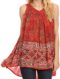 Sakkas Badalea Long Embroidered Sequin Beaded Batik Shirt Printed Tank Top Blouse#color_Red