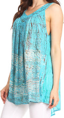 Sakkas Badalea Long Embroidered Sequin Beaded Batik Shirt Printed Tank Top Blouse