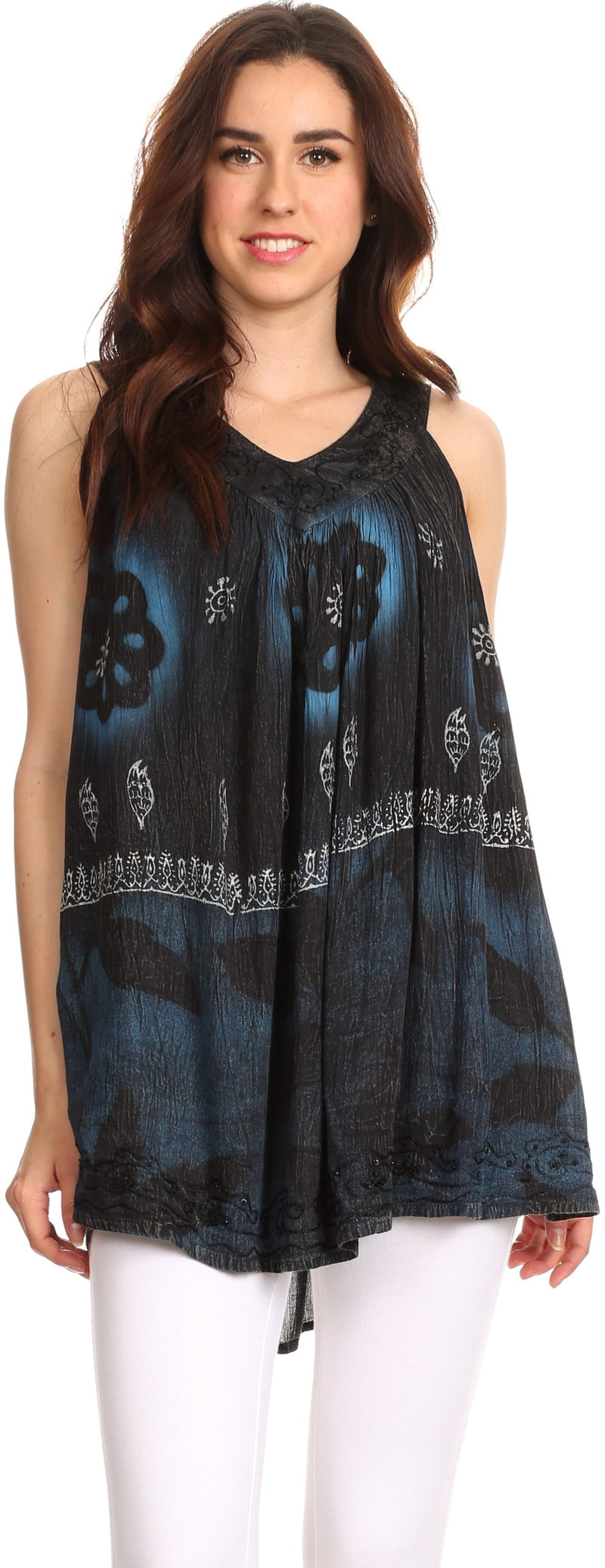 Sakkas Goregianna Long Embroidered Sequin Printed Batik Beaded Tank Top Blouse Top