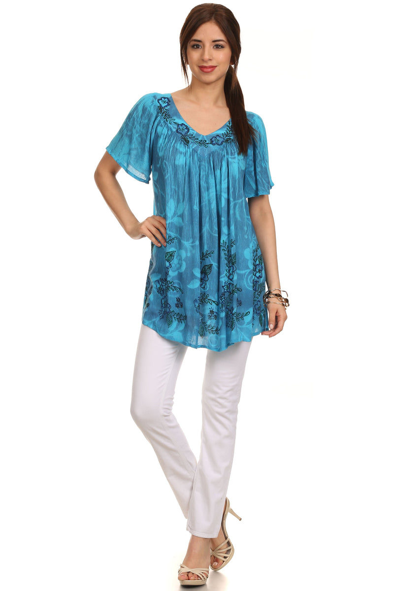 Sakkas Kyla Relaxed Fit Floral Sequin Embroidered V-neck Cap Sleeve Blouse / Top