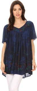 Sakkas Kyla Relaxed Fit Floral Sequin Embroidered V-neck Cap Sleeve Blouse / Top
