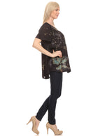Sakkas Poppy Floral Hand Dyed Dye Pattern Top Blouse With Beaded Sequin V Neck