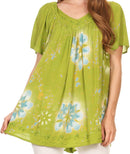 Sakkas Poppy Floral Hand Dyed Dye Pattern Top Blouse With Beaded Sequin V Neck