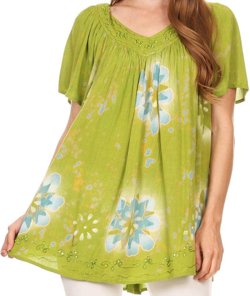 Sakkas Poppy Floral Hand Dyed Dye Pattern Top Blouse With Beaded Sequin V Neck