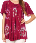Sakkas Poppy Floral Hand Dyed Dye Pattern Top Blouse With Beaded Sequin V Neck#color_Maroon