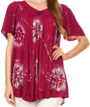 Sakkas Poppy Floral Hand Dyed Dye Pattern Top Blouse With Beaded Sequin V Neck