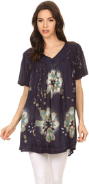 Sakkas Poppy Floral Hand Dyed Dye Pattern Top Blouse With Beaded Sequin V Neck