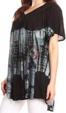 Sakkas Nia Tie Dye Sequin Embroidered V-Neck Cap Sleeve Blouse / Top
