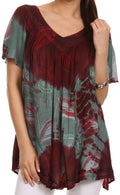 Sakkas Nia Tie Dye Sequin Embroidered V-Neck Cap Sleeve Blouse / Top#color_Burgundy