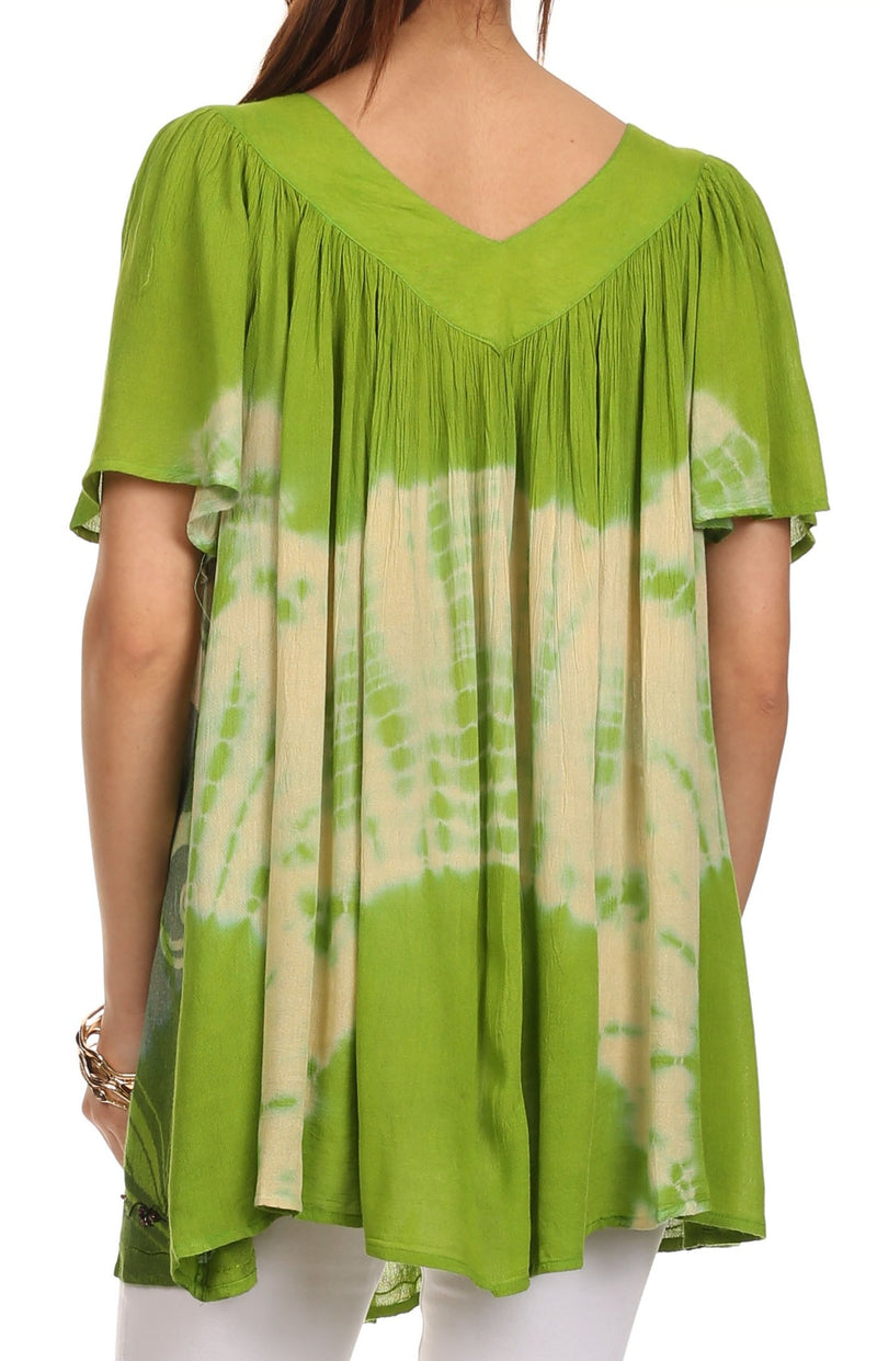 Sakkas Nia Tie Dye Sequin Embroidered V-Neck Cap Sleeve Blouse / Top