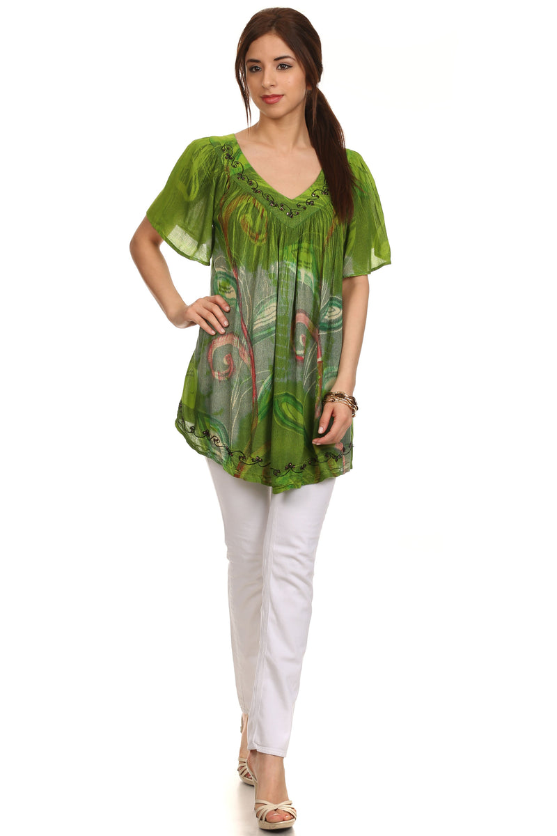 Sakkas Nia Tie Dye Sequin Embroidered V-Neck Cap Sleeve Blouse / Top