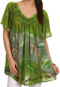 Sakkas Nia Tie Dye Sequin Embroidered V-Neck Cap Sleeve Blouse / Top#color_Green