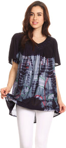 Sakkas Nia Tie Dye Sequin Embroidered V-Neck Cap Sleeve Blouse / Top