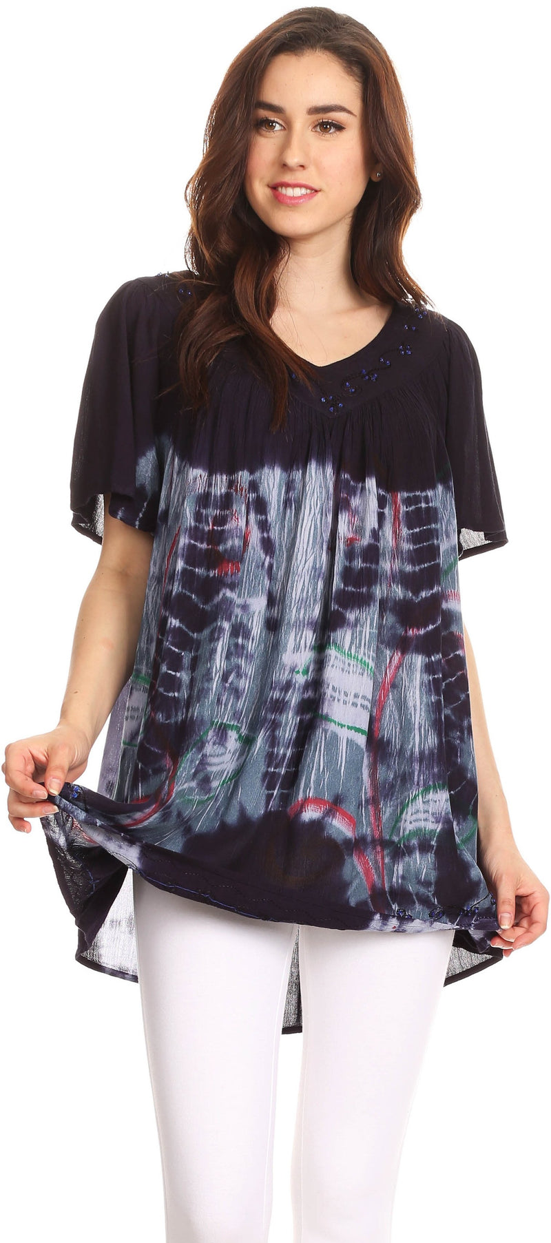 Sakkas Nia Tie Dye Sequin Embroidered V-Neck Cap Sleeve Blouse / Top