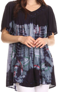 Sakkas Nia Tie Dye Sequin Embroidered V-Neck Cap Sleeve Blouse / Top#color_Navy