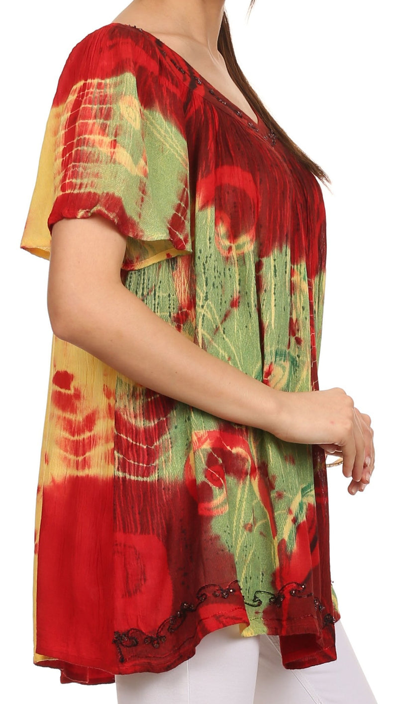 Sakkas Nia Tie Dye Sequin Embroidered V-Neck Cap Sleeve Blouse / Top