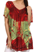 Sakkas Nia Tie Dye Sequin Embroidered V-Neck Cap Sleeve Blouse / Top#color_Red