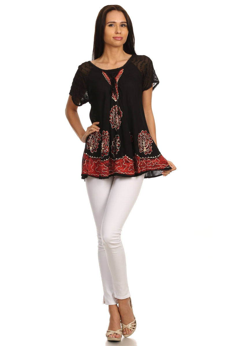 Sakkas Gina Relaxed Fit Embroidered Sheer Cap Sleeves Blouse