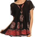 Sakkas Gina Relaxed Fit Embroidered Sheer Cap Sleeves Blouse#color_ Black/ Red