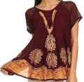 Sakkas Gina Relaxed Fit Embroidered Sheer Cap Sleeves Blouse#color_ Chocolate Brown / Gold