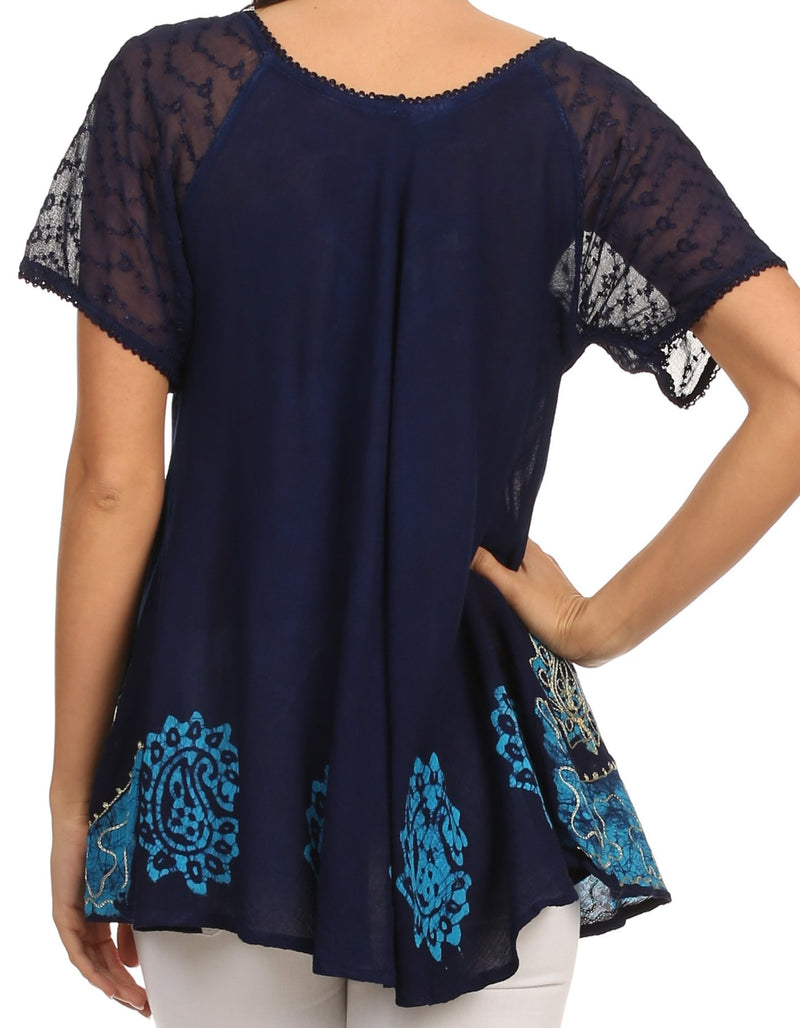 Sakkas Gina Relaxed Fit Embroidered Sheer Cap Sleeves Blouse