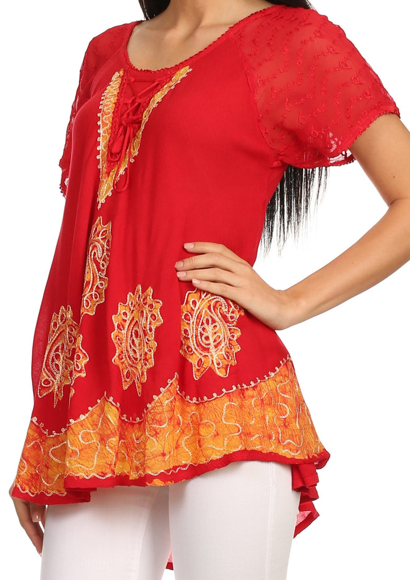 Sakkas Gina Relaxed Fit Embroidered Sheer Cap Sleeves Blouse