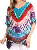 Sakkas Sarah Tie Dye V Neck Top Blouse with Short Sleeves and Lace Trim#color_Turquoise