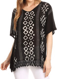 Sakkas Sarah Tie Dye V Neck Top Blouse with Short Sleeves and Lace Trim#color_Black