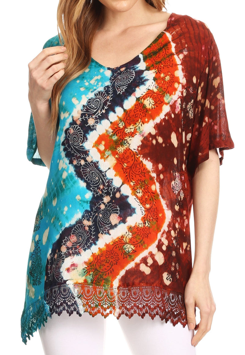 Sakkas Sarah Tie Dye V Neck Top Blouse with Short Sleeves and Lace Trim