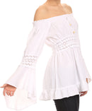Sakkas Malea Crinkle Crochet Embroidered Long Tall Semi Opaque Blouse Shirt Top