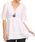 Sakkas Malea Crinkle Crochet Embroidered Long Tall Semi Opaque Blouse Shirt Top#color_WTOG0691-wte