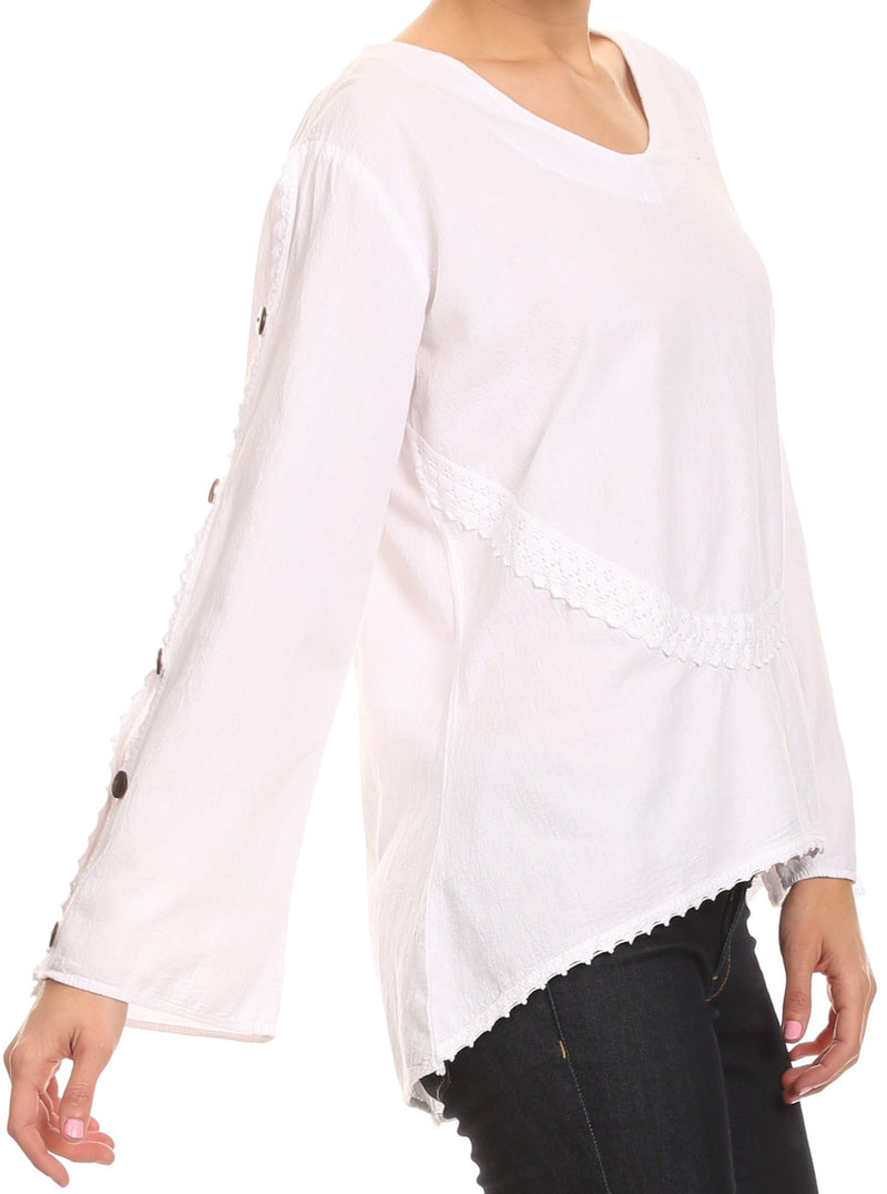 Sakkas Malea Crinkle Crochet Embroidered Long Tall Semi Opaque Blouse Shirt Top