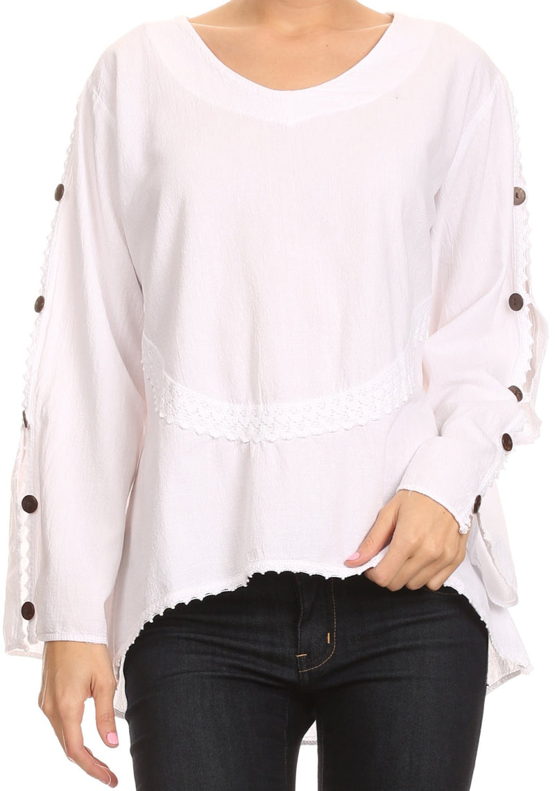 Sakkas Malea Crinkle Crochet Embroidered Long Tall Semi Opaque Blouse Shirt Top
