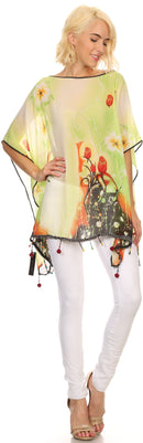 Sakkas Fediliah Sheer Long Wide Fringe Bead Floral Printed Poncho Blouse Top