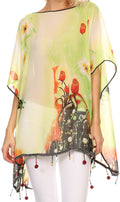Sakkas Fediliah Sheer Long Wide Fringe Bead Floral Printed Poncho Blouse Top #color_Green