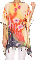 Sakkas Fediliah Sheer Long Wide Fringe Bead Floral Printed Poncho Blouse Top #color_Yellow