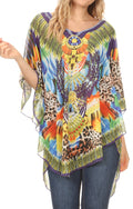 MKY Brigitte Women's Loose Casual Boho Short Sleeve Circle Blouse Top V-neck#color_TropicalMulti