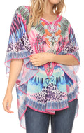 MKY Brigitte Women's Loose Casual Boho Short Sleeve Circle Blouse Top V-neck#color_TropicalPink